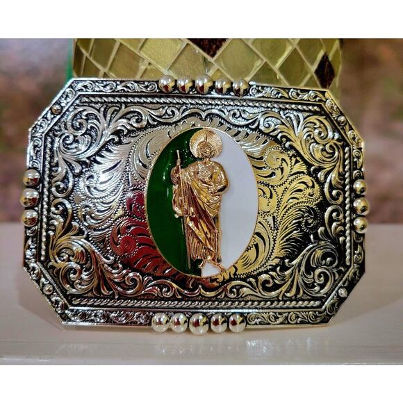 Western Buckle St.Jude San Judas Gold Silver Cowboy Buckle  Saint jude San Judas Western belt Buckle Gold Silver Heavy With Star Zinc Alloy